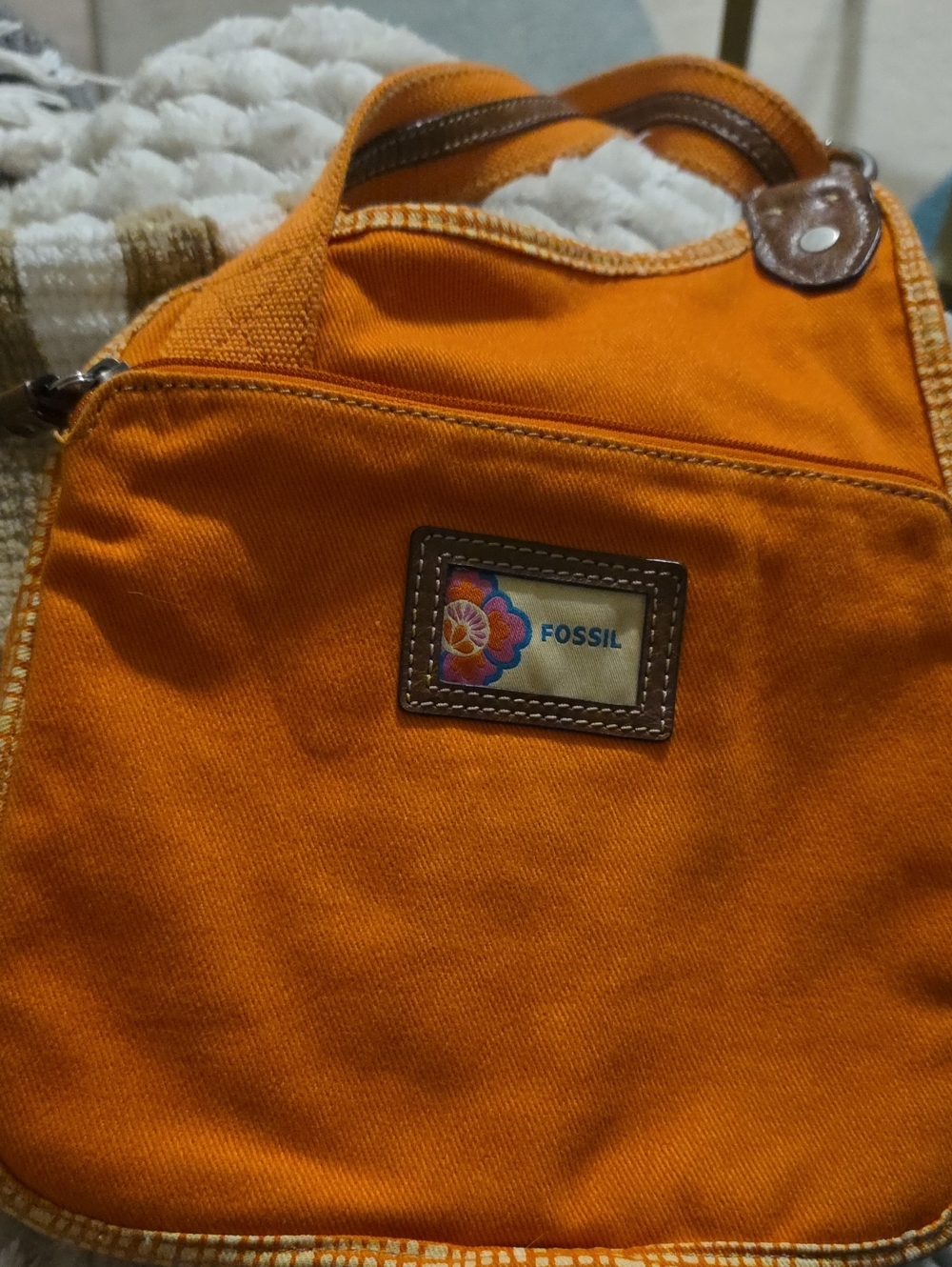 Fossil Orange Canvas Shoulder Tote with Floral Logo Patch